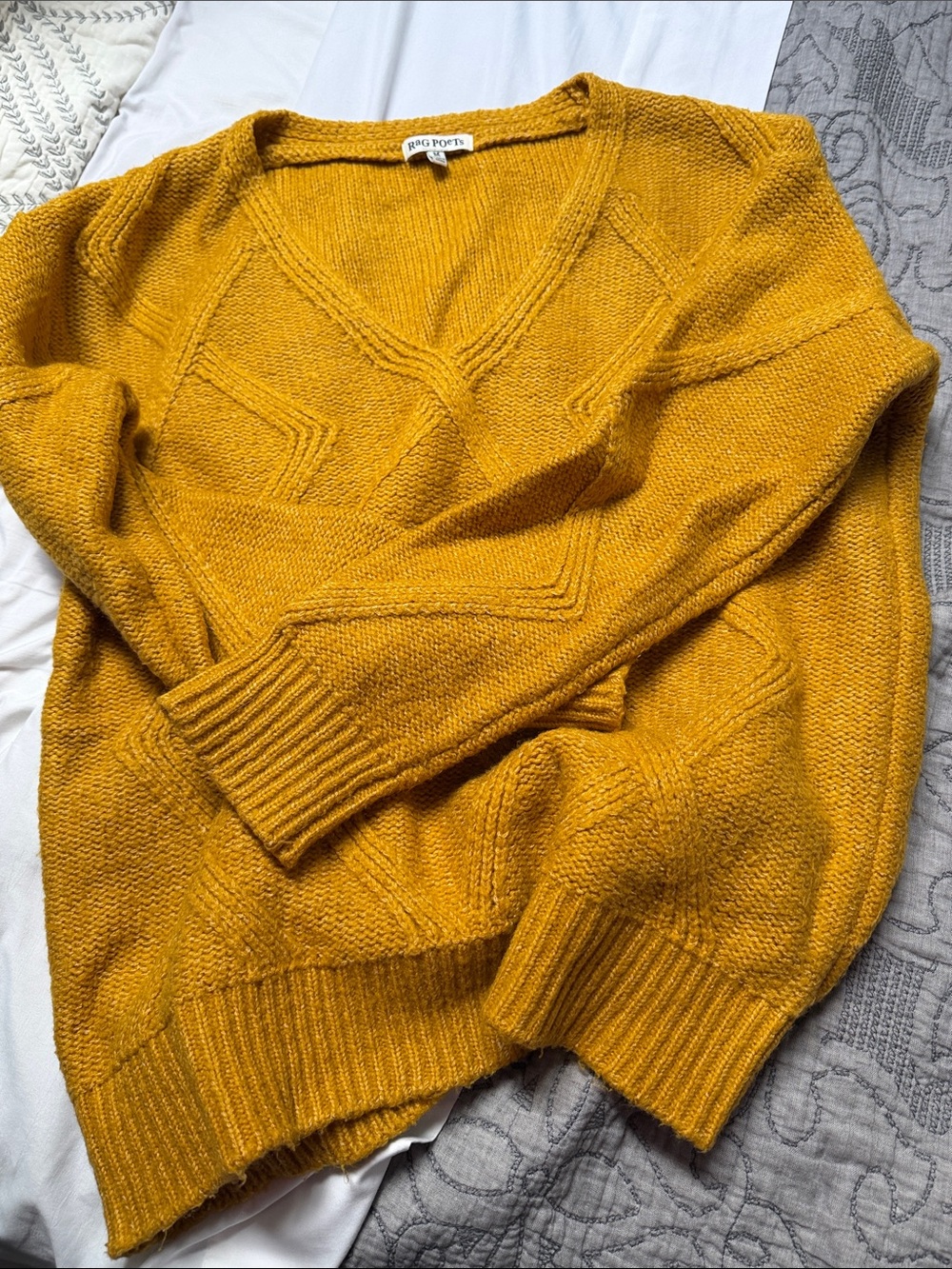 Rag Poets Women's V-Neck Knit Sweater in Mustard
